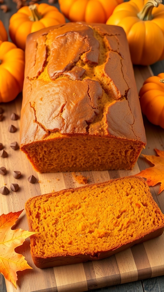 A golden-brown loaf of pumpkin bread on a cutting board, surrounded by pumpkins and leaves.